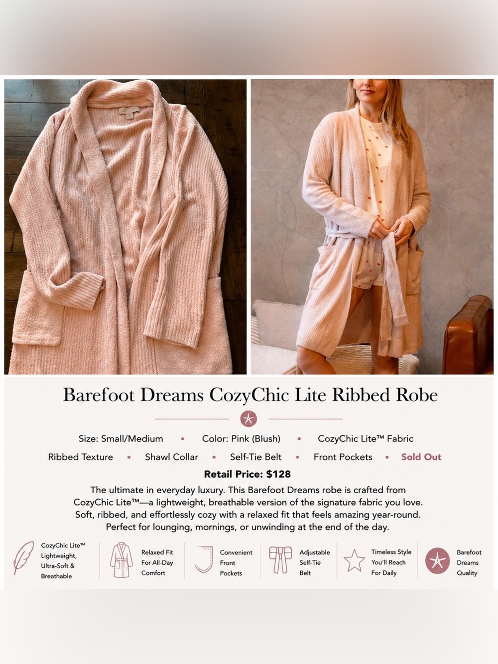Barefoot Dreams CozyChic Lite Ribbed Robe Size Small / Medium Ultra Soft - Picture 2 of 7